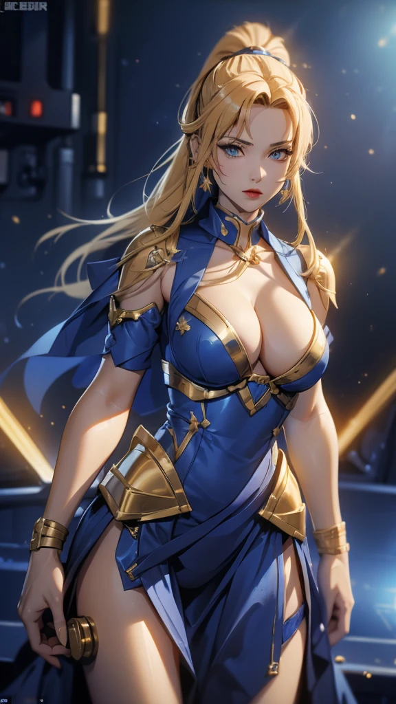 blue sci-fi armor，Golden shorthair，Long ponytail hairstyle，Large Breasts，cleavage，Pistol hanging from waist，fighter pilot，fighter hangar，Sexy，lipstick，woman，Golden eyes，final，Armor has numbers