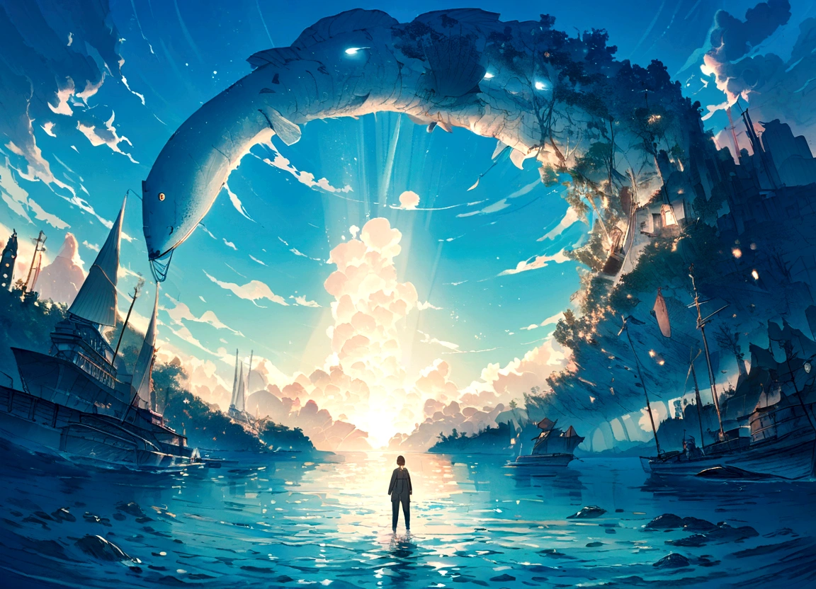 Several white fishing boats ,On the sea,Sunlight shining into the ocean, Blue gradient, Human Development Report, Surrealism,Overlooking,