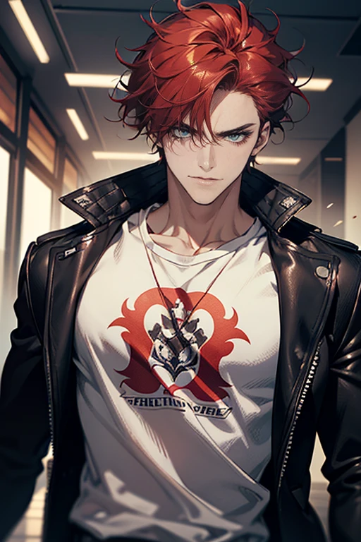 (tmasterpiece, high resolution, ultra - detailed:1.0), (1 male, masculine face), Perfect male body, Adult male, Delicate eyes and delicate face, Extremely detailed CG, Unity 8k wallpaper, Complicated details, Detailed face, (red hair, messy hair, serious faces, white T-shirt,Bad students), (frown,evil smile:1.3), hand in pocket, school corridor,black leather jacket, color difference, Depth of field, dramatic shadow, Ray tracing, Best quality, Cinematic lighting, offcial art,Portrait