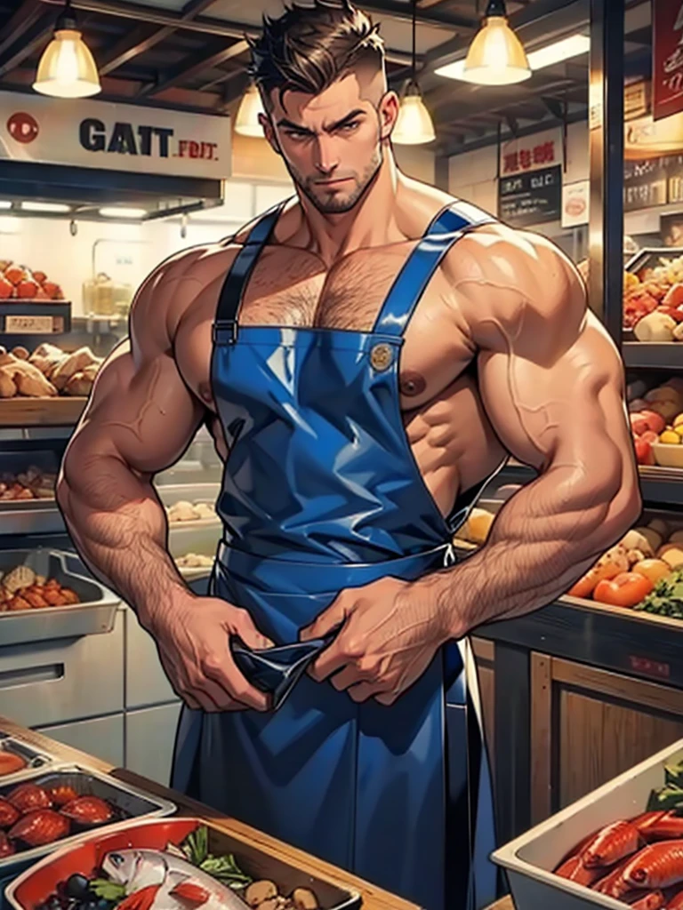 men wear only latex apron,  muscular and handsome,fish market