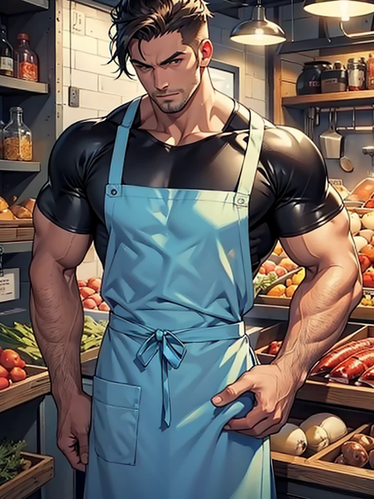 men wear only latex apron,  muscular and handsome,fish market