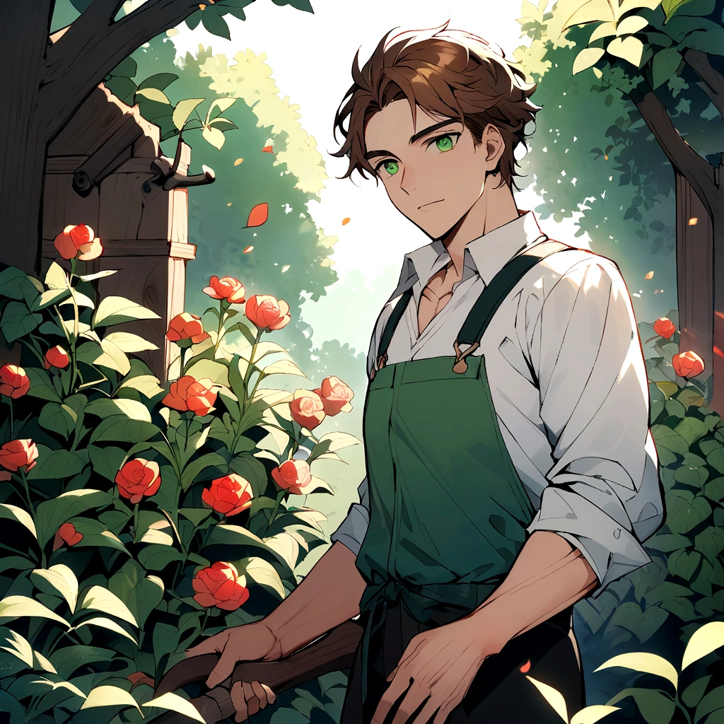 adult male gardener - brown hair - dark green eyes - in a garden
