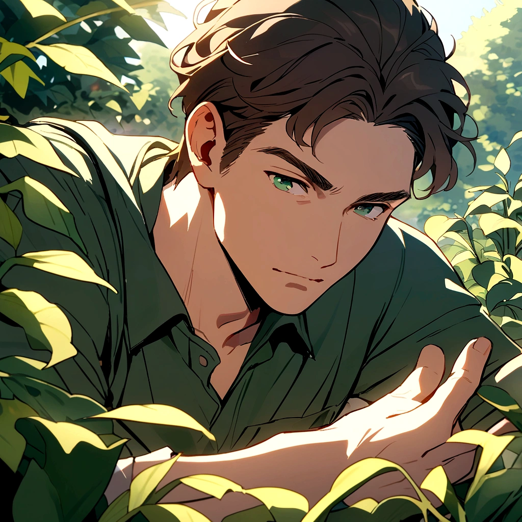 adult male gardener - brown hair - dark green eyes - in a garden