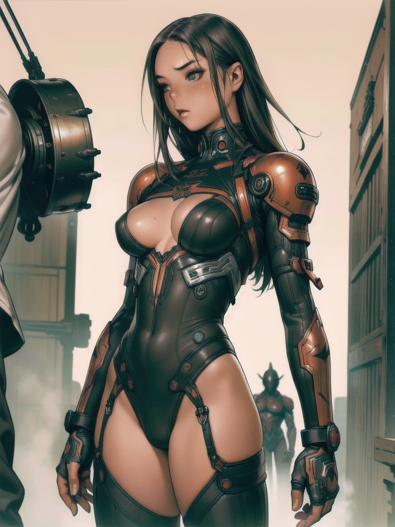 (((Black and red))), ((best qualityer)), (((Venom outfit))), (((slim))), (Muscles), (((fit body armor suit))), ((Perfect masterpiece)), (detailded: 1.4), (absurdrez), (((long hair with heavy bangs covering the entire forehead))), (((full body fitness, Venom symbol)), (((short hair woman, blushful))), 21 year old woman, beautiful sexy woman, giant robot pilot, wild with perfect corpo fitness, wearing small mecha battle armor clothes, tiny thong, Shonen manga style, clothing with Japanese cyberpunk graphic patterns, Halftone pattern and vertical stripes, earth tone, exiting the body of a giant robot, (((cowboy shot)))