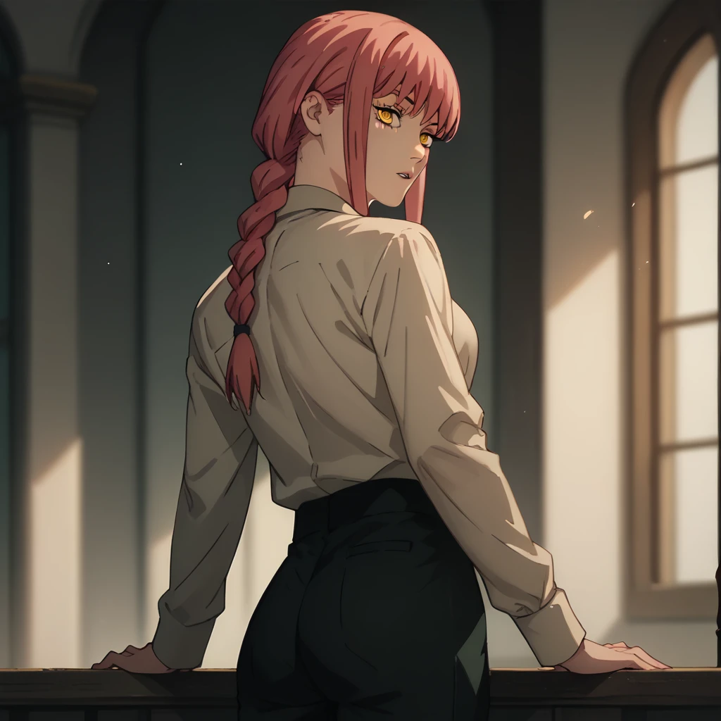 looking at viewer,parted lips,looking back,
solo,
Makima,1girl,pink hair,braid,yellow eyes,
medium breasts,
black suit,necktie,
black pants,sexy