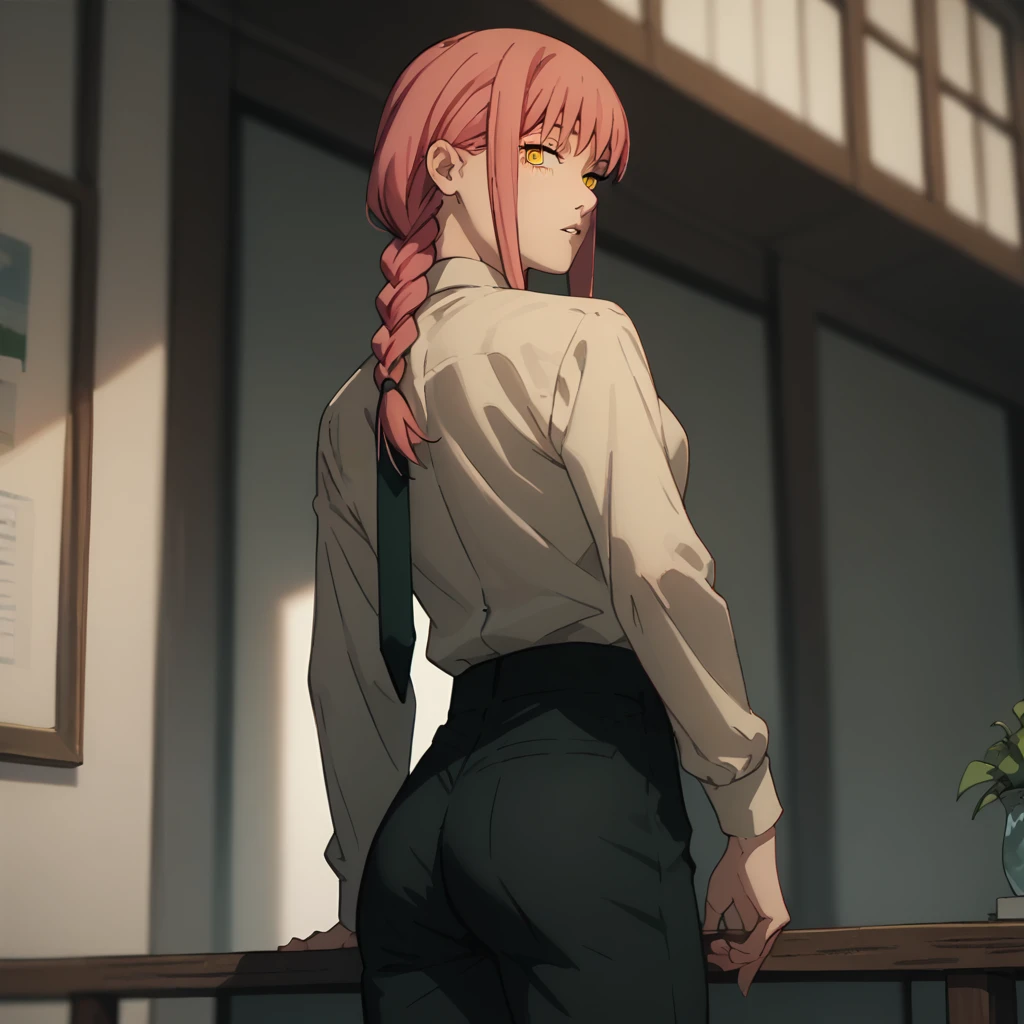 looking at viewer,parted lips,looking back,
solo,
Makima,1girl,pink hair,braid,yellow eyes,
medium breasts,
black suit,necktie,
black pants,sexy