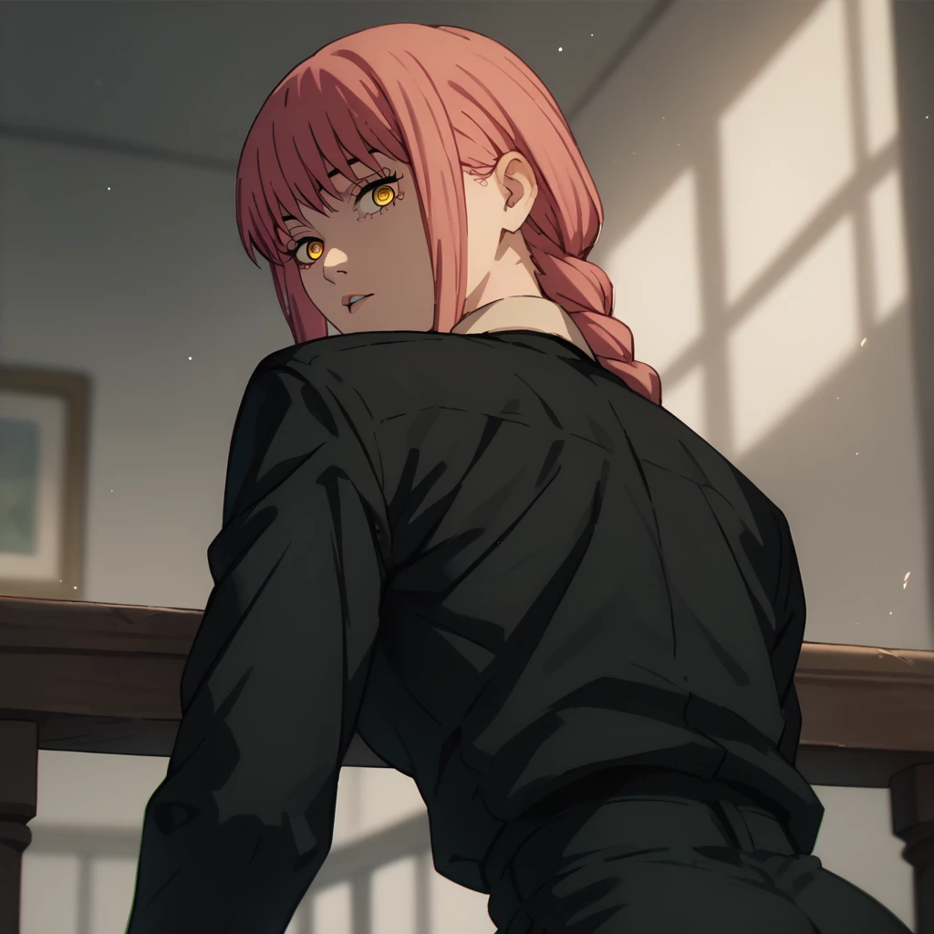 looking at viewer,parted lips,looking back,
solo,
Makima,1girl,pink hair,braid,yellow eyes,
medium breasts,
black suit,necktie,
black pants,sexy