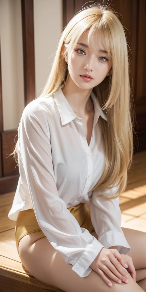 Gorgeous adult woman wearing white shirt, long blonde hair and bang, soft light, high quality, 4k resolution