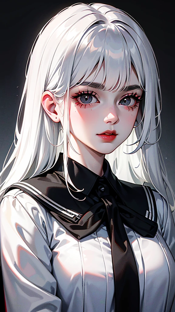 {{black and white hair}} {{black and white long hair}} {{black eyes}} {{{female}}} {{black school uniform}} {{Tokyo revengers Style}} {{high schooler}} {{female with black and white hair}}