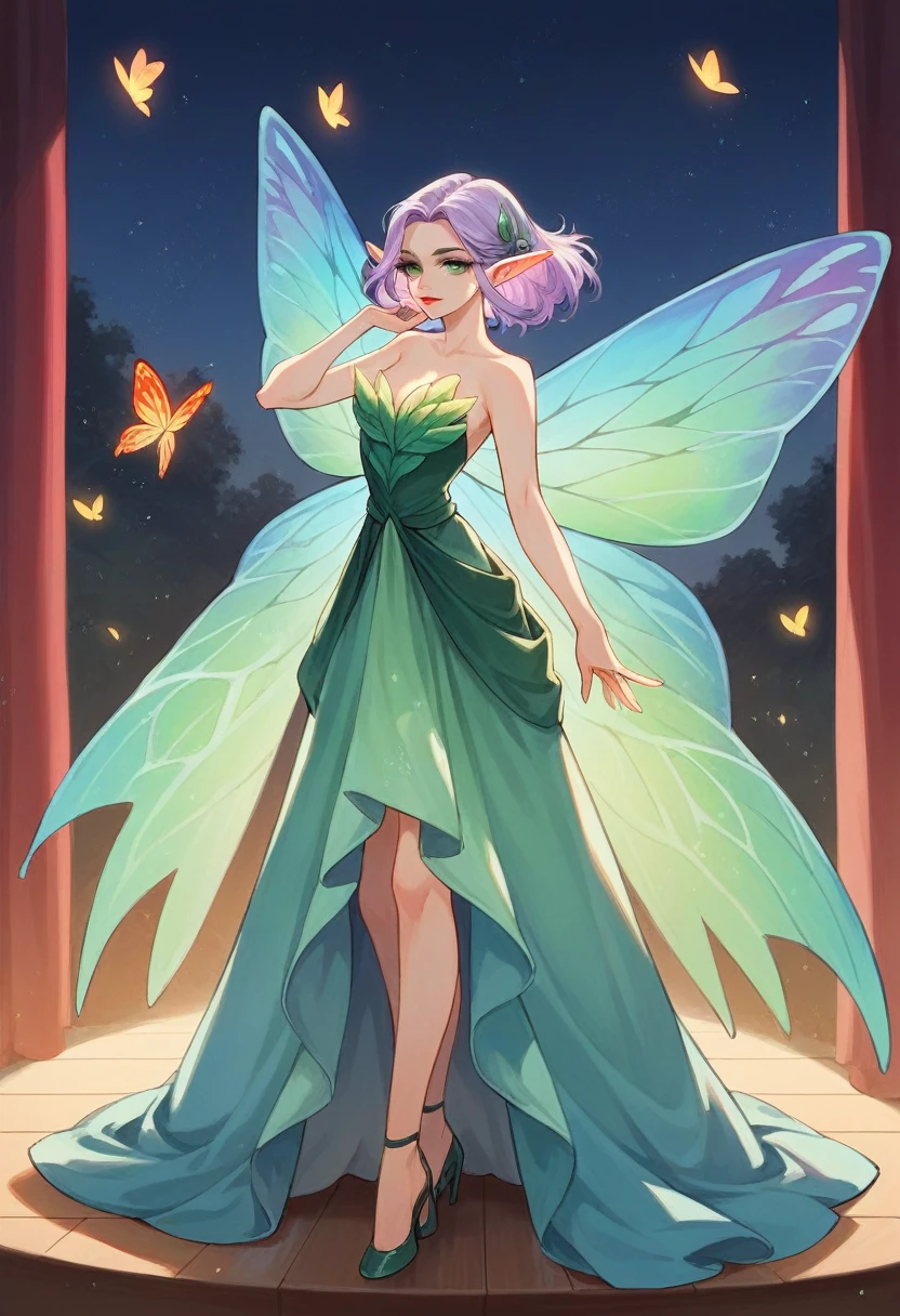 Irish woman, anime, modest, beautiful, high quality, night, 8k, long waist length light pale purple hair, green eyes, red lips, eyelashes, long saloon girl dress, heels, elf ears, large colorful butterfly fairy wings, stage, dancing