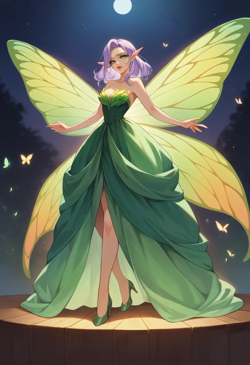 Irish woman, anime, modest, beautiful, high quality, night, 8k, long waist length light pale purple hair, green eyes, red lips, eyelashes, long saloon girl dress, heels, elf ears, large colorful butterfly fairy wings, stage, dancing