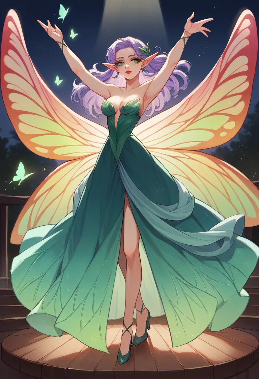 Irish woman, anime, modest, beautiful, high quality, night, 8k, long waist length light pale purple hair, green eyes, red lips, eyelashes, long saloon girl dress, heels, elf ears, large colorful butterfly fairy wings, stage, dancing