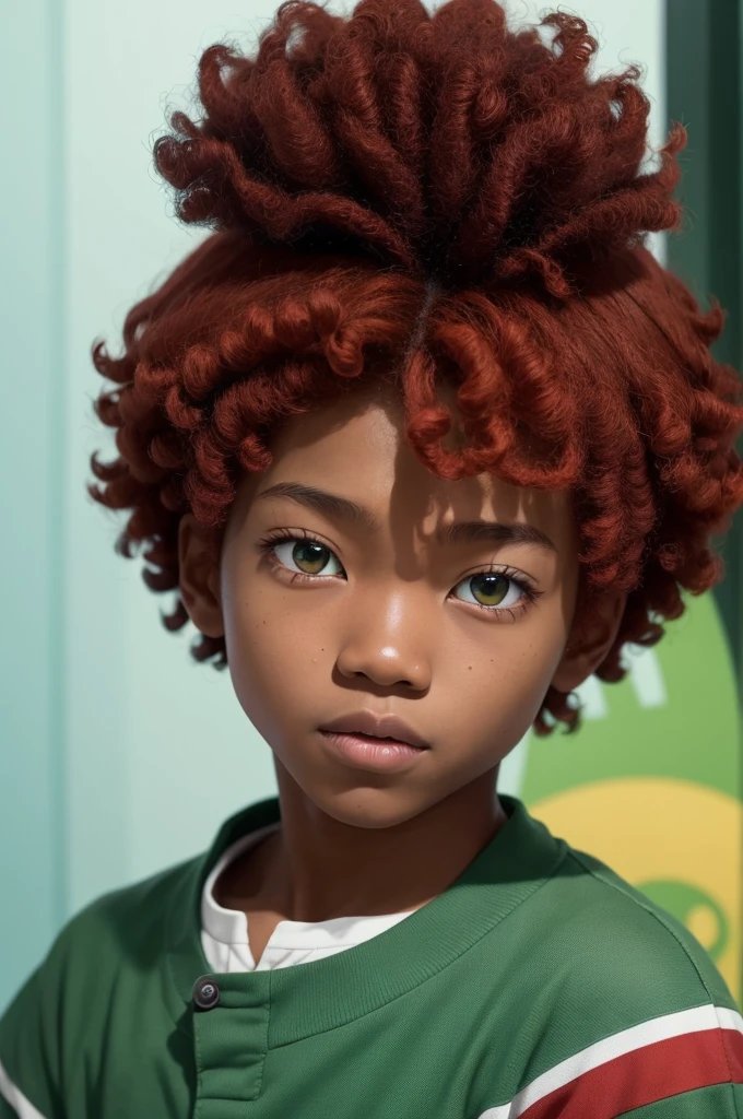 inside out character, afro korean boy, dark skin tone, curly red hair, green eyes, asian features
