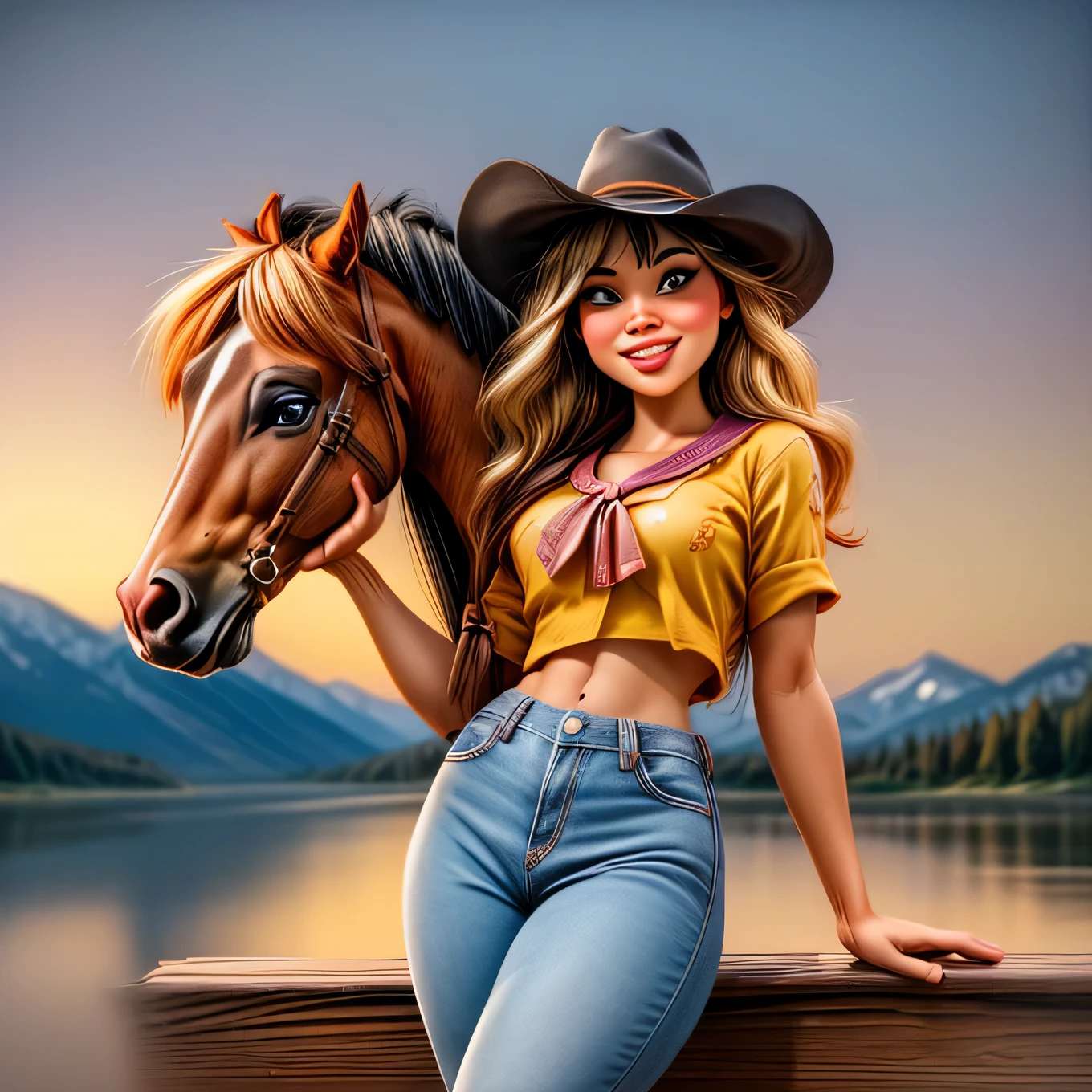 25yo girl gorgeous, courageous girl smiles sweetly seductively,
bathing naked in a dessert lake, her clothes lay on the ground consisting of a North American cowboy costume, a cowboy hat, a neckerchief, jeans, cowboy boots,
(a saddle on a strong powerful black horse:1,5),
look at the viewer,
(against the backdrop of the foothills of the beautiful high rocky mountains of north america, 
general plan wide shot:1,5),
cartoon illustration, vivid colours, Ultra detailed, high resolution, UHD, 8k, ((best quality, masterpiece:1.2), ultra-detailed, realistic, HDR, top view, cowboy shot, dramatic strong lighting,