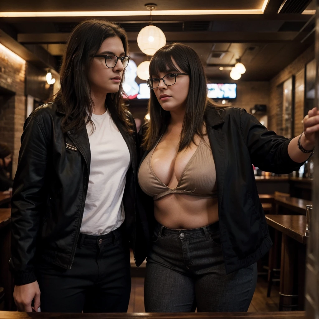 A plus-size blonde singer performing in a jacket in a bar with her boyfriend, a 40-year-old skinny brunette with black hair with bangs and glasses, also wearing a jacket and pants
