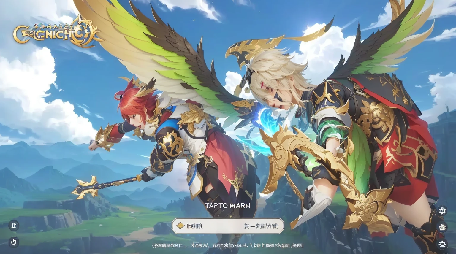 Close up of a group of people with wings flying in the sky, video game Genshin Impact impact, Genshin Impact, Video Game Screenshots>, Heroic epic battle scene, Koriolios RPG art style, Shadowverse Style, Genshin Impact impact, Genshin Impact impact character, Granblue Fantasy, Key Art, Screenshot of the game with UI, Genshin Impact impact style