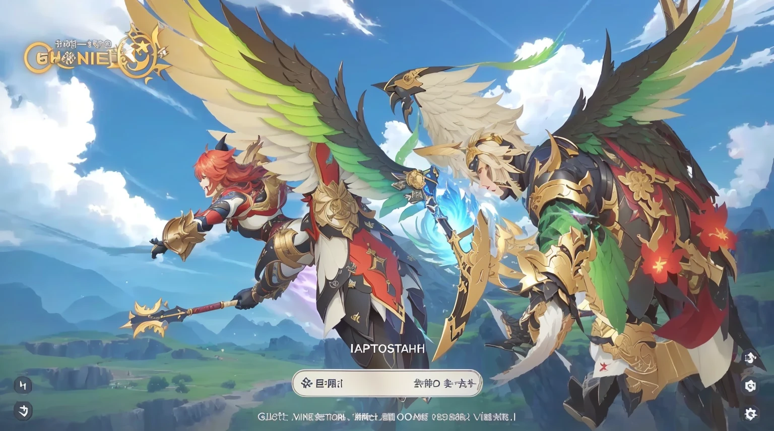 Close up of a group of people with wings flying in the sky, video game Genshin Impact impact, Genshin Impact, Video Game Screenshots>, Heroic epic battle scene, Koriolios RPG art style, Shadowverse Style, Genshin Impact impact, Genshin Impact impact character, Granblue Fantasy, Key Art, Screenshot of the game with UI, Genshin Impact impact style