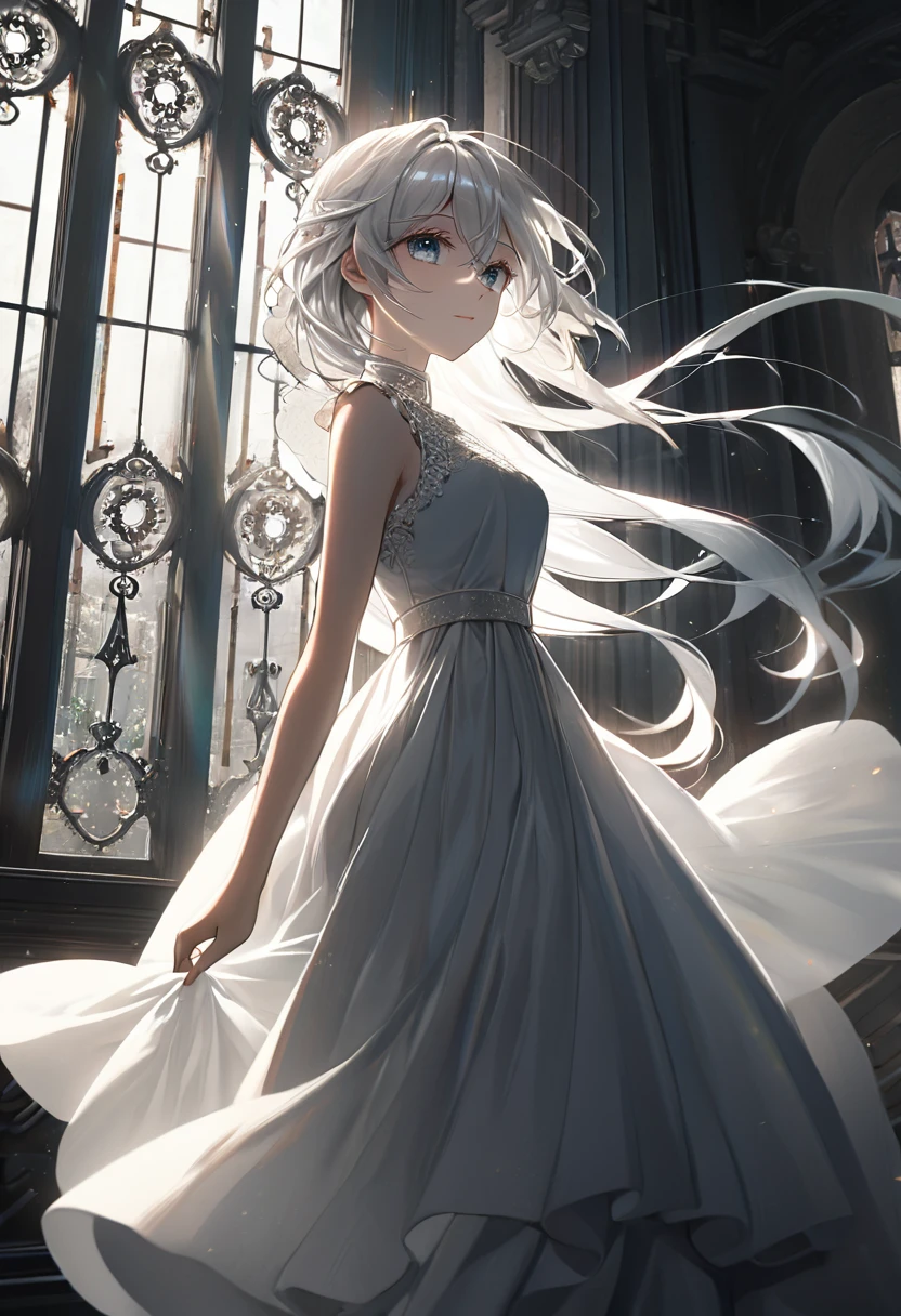 1girl, beautiful white hair, beautiful detailed white eyes, porcelain skin, delicate features, serene expression, elegant flowing dress, sunlight streaming through window, dramatic chiaroscuro lighting, intricate architectural background, (best quality, 4k, 8k, highres, masterpiece:1.2), ultra-detailed,cinematic, ethereal, elegant, graceful, serene, dramatic