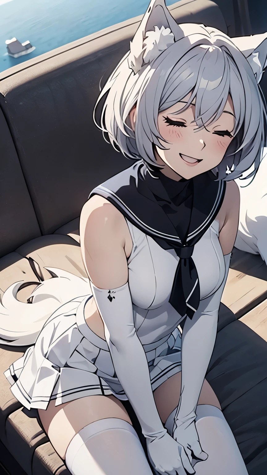 Tabletop　High resolution　Best image quality　8K　 Adult female　Anime Style　White long gloves（Elbow Gloves）　Pure white pantyhose　Sailor suit（Sleeveless）　mini skirt　White wolf ears　short hair（（Shortcuts）（Gray Hair）（Perm）（fluffy））　Close ~ eyes　Attractive face（（Laughter）（smile）（Open your mouth））　Sleeping position（Landscape）　View from above　I can see your underwear