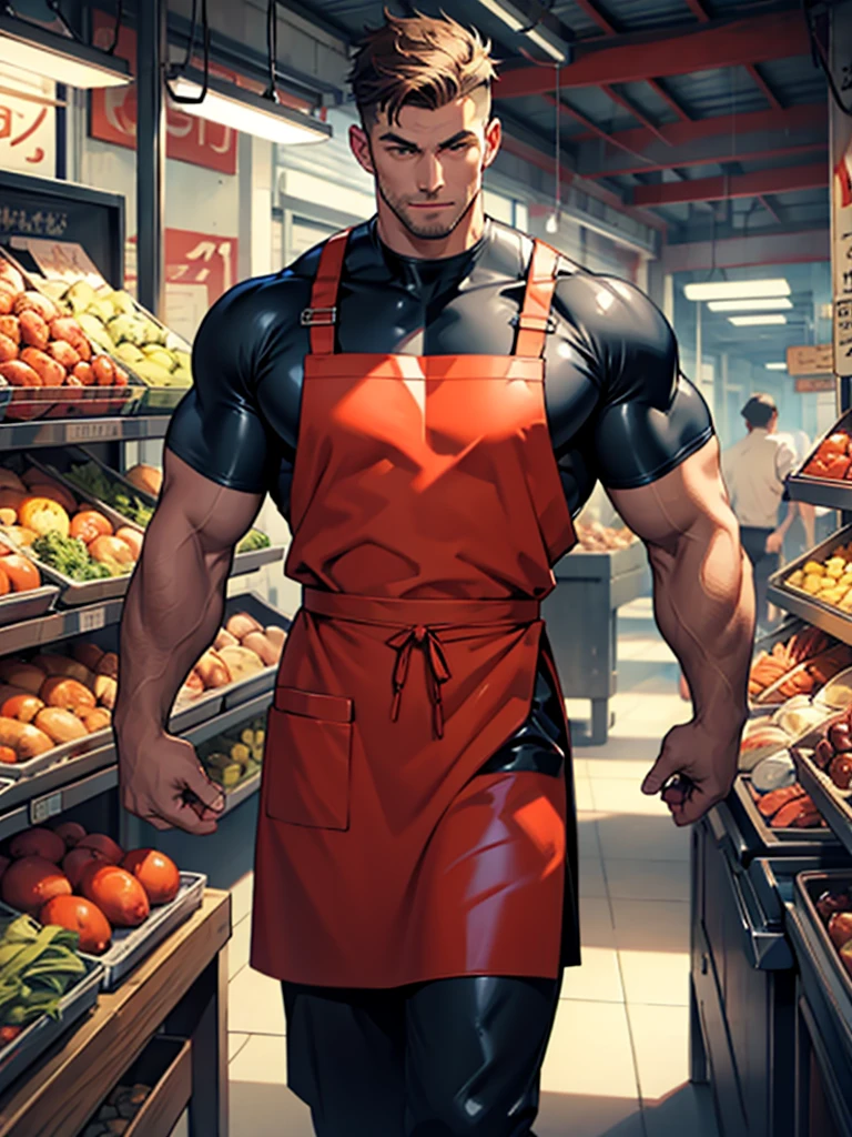 men wear only latex apron, muscular and handsome,fish market