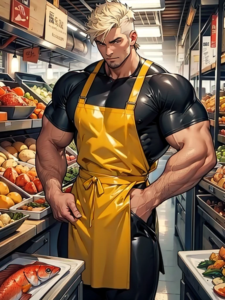 men wear only latex apron, muscular and handsome,fish market