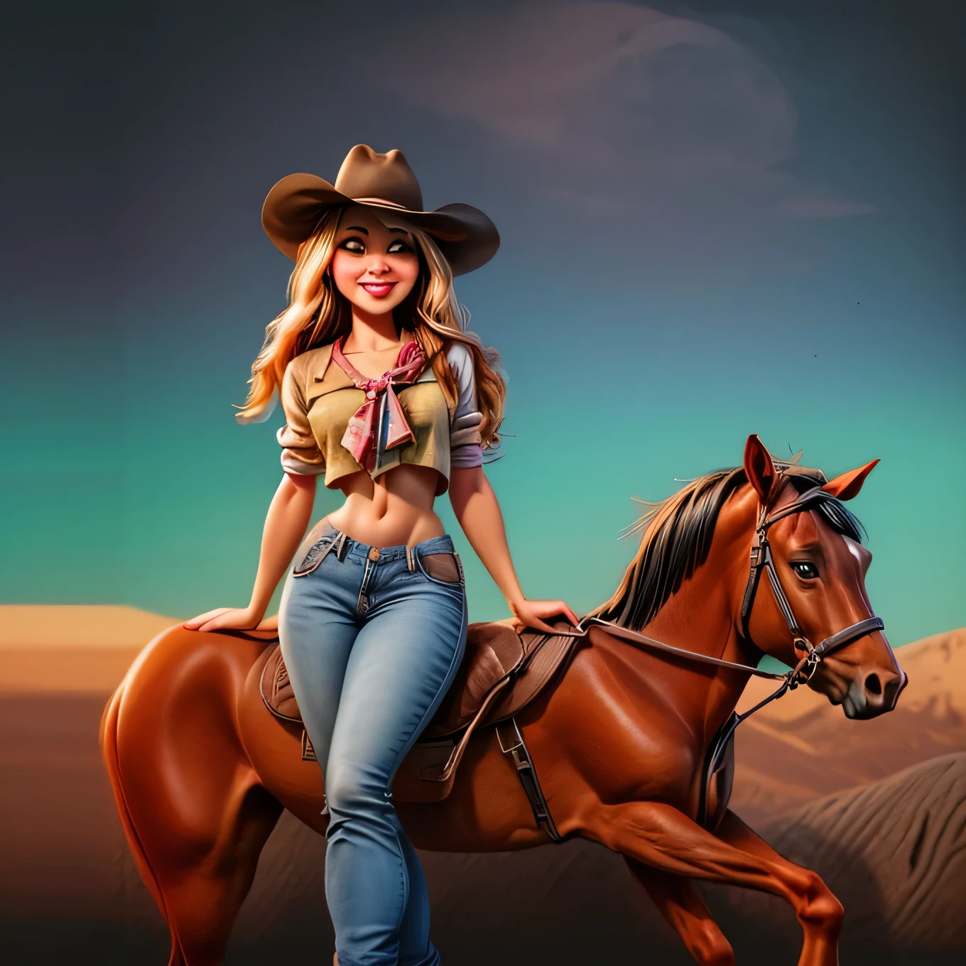 25yo girl gorgeous, courageous girl smiles sweetly seductively,
bathing naked in a dessert lake, her clothes lay on the ground consisting of a North American cowboy costume, a cowboy hat, a neckerchief, jeans, cowboy boots,
(a saddle on a strong powerful black horse:1,5),
look at the viewer,
(against the backdrop of the foothills of the beautiful high rocky mountains of north america, 
general plan wide shot:1,5),
cartoon illustration, vivid colours, Ultra detailed, high resolution, UHD, 8k, ((best quality, masterpiece:1.2), ultra-detailed, realistic, HDR, top view, cowboy shot, dramatic strong lighting,