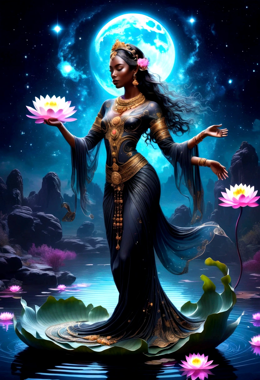 Astrologer,In the middle of the lake, Mysterious female black silhouette in the middle of the night, Surrounded by glowing constellations, Summoners dance to appease the spirits of the dead. Ceremonial canvas clothing. Sensual. Multiple magic arrays. Dynamic dance. Water Lily. Colorful palette.