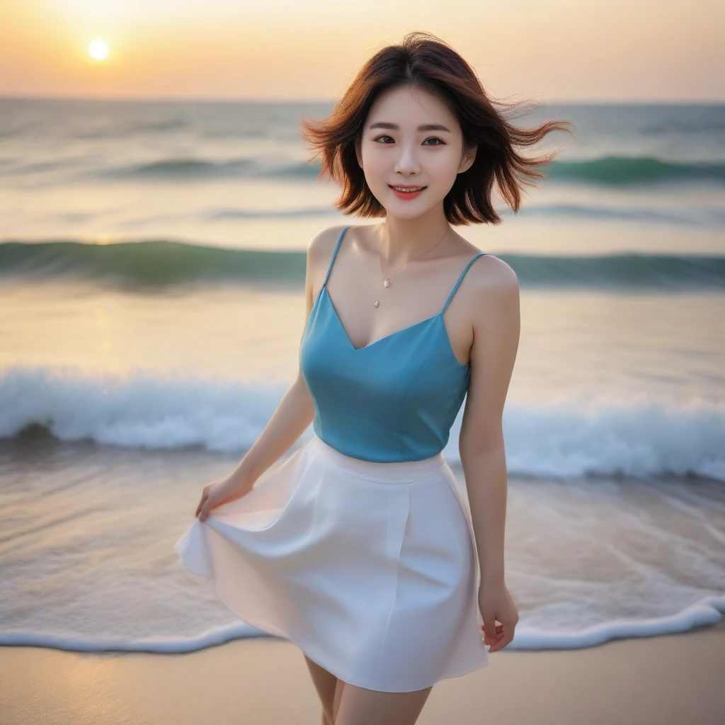 sunset red sun on the beach,A strong lingering scent is reflected in the sea., Beautiful 36-year-old short Korean woman, Chest size 34 inches, Wear sleeveless, light skirt. beautiful pretty woman look , wearing a light skirt , Go far into the sea water and dip your toes., Short medium hair blowing in the wind, 1 woman, beautiful eyes, a little smile, Full-body photo taken from afar with a wide-angle lens, The background is clean and perfect., the waves are coming.