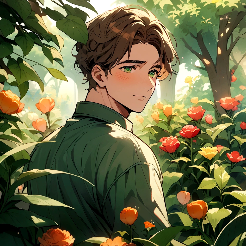 adult male gardener - brown hair - dark green eyes - in a garden