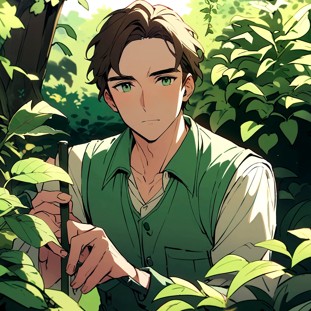 adult male gardener - brown hair - dark green eyes - in a garden