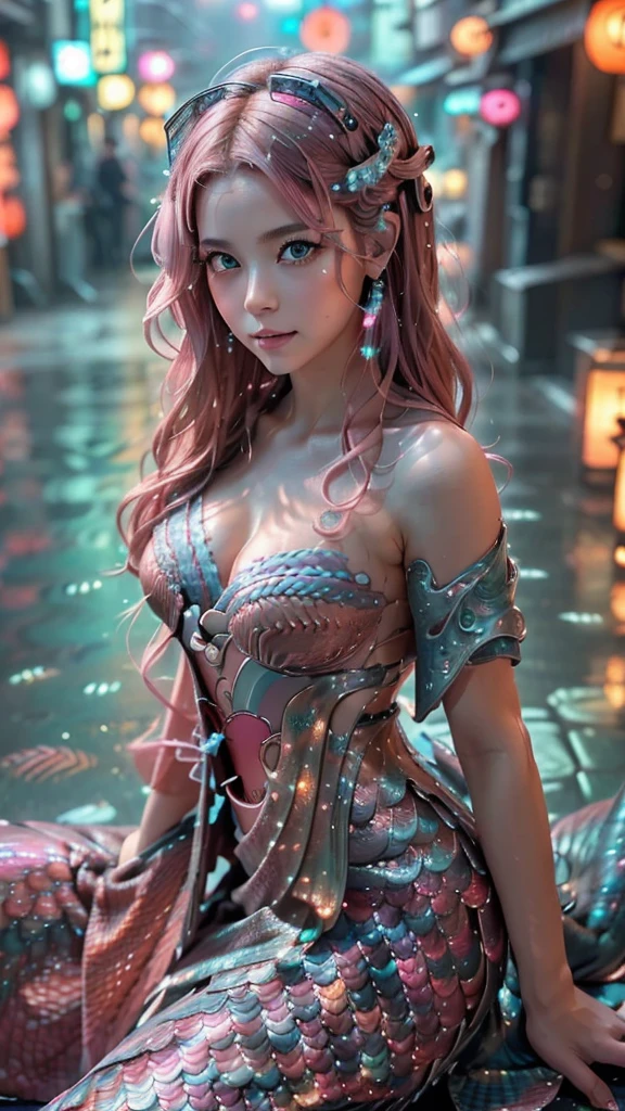 Ultra-detailed, master piece, best quality, high resolution, beautiful eyes, detailed eyes, detailed face, (super realistic photorealistic image:1.5), (cute and beautiful face, pink wavy hair, soft and light blue eyes that exude warmth and tenderness, tight body, covered with fish scales to emphasize her mermaid status, large and graceful fish tail in place of legs, which are also covered with scales and fused with cyberpunk electronics and tubes, elegantly dressed in a revealing kimono with traditional Japanese patterns:1.5) The lighting, colors, and mood of the scene are powerful and cinematic, with the beautiful seaside scenery and the soft glow of the city lights creating a magical atmosphere. The design and details are ultra-clear and detailed, emphasizing the mermaid-like appearance with prominent fish tails, shimmering skin scales, and cyborg elements, and the images are of the highest quality and ultra-realistic photography.