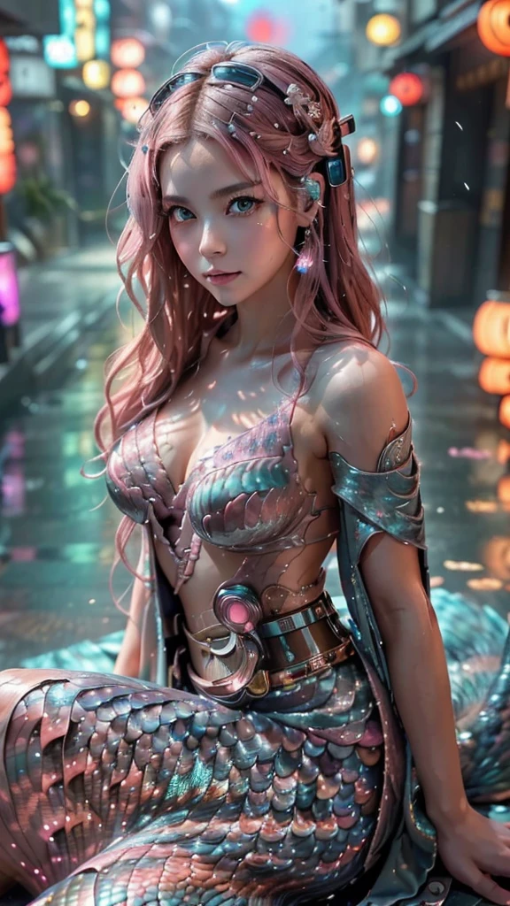 Ultra-detailed, master piece, best quality, high resolution, beautiful eyes, detailed eyes, detailed face, (super realistic photorealistic image:1.5), (cute and beautiful face, pink wavy hair, soft and light blue eyes that exude warmth and tenderness, tight body, covered with fish scales to emphasize her mermaid status, large and graceful fish tail in place of legs, which are also covered with scales and fused with cyberpunk electronics and tubes, elegantly dressed in a revealing kimono with traditional Japanese patterns:1.5) The lighting, colors, and mood of the scene are powerful and cinematic, with the beautiful seaside scenery and the soft glow of the city lights creating a magical atmosphere. The design and details are ultra-clear and detailed, emphasizing the mermaid-like appearance with prominent fish tails, shimmering skin scales, and cyborg elements, and the images are of the highest quality and ultra-realistic photography.