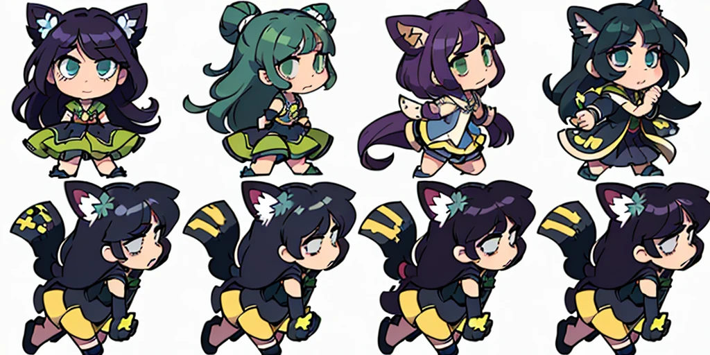 a close up of a cartoon character with different poses, spritesheet, sprite sheet, with familiar sprites, sprites, fairy girl, morgana, default pose neutral expression, twirling, sprite 2 d, shady, green fairy, smol,  multiple poses, cute chibi, kawaii