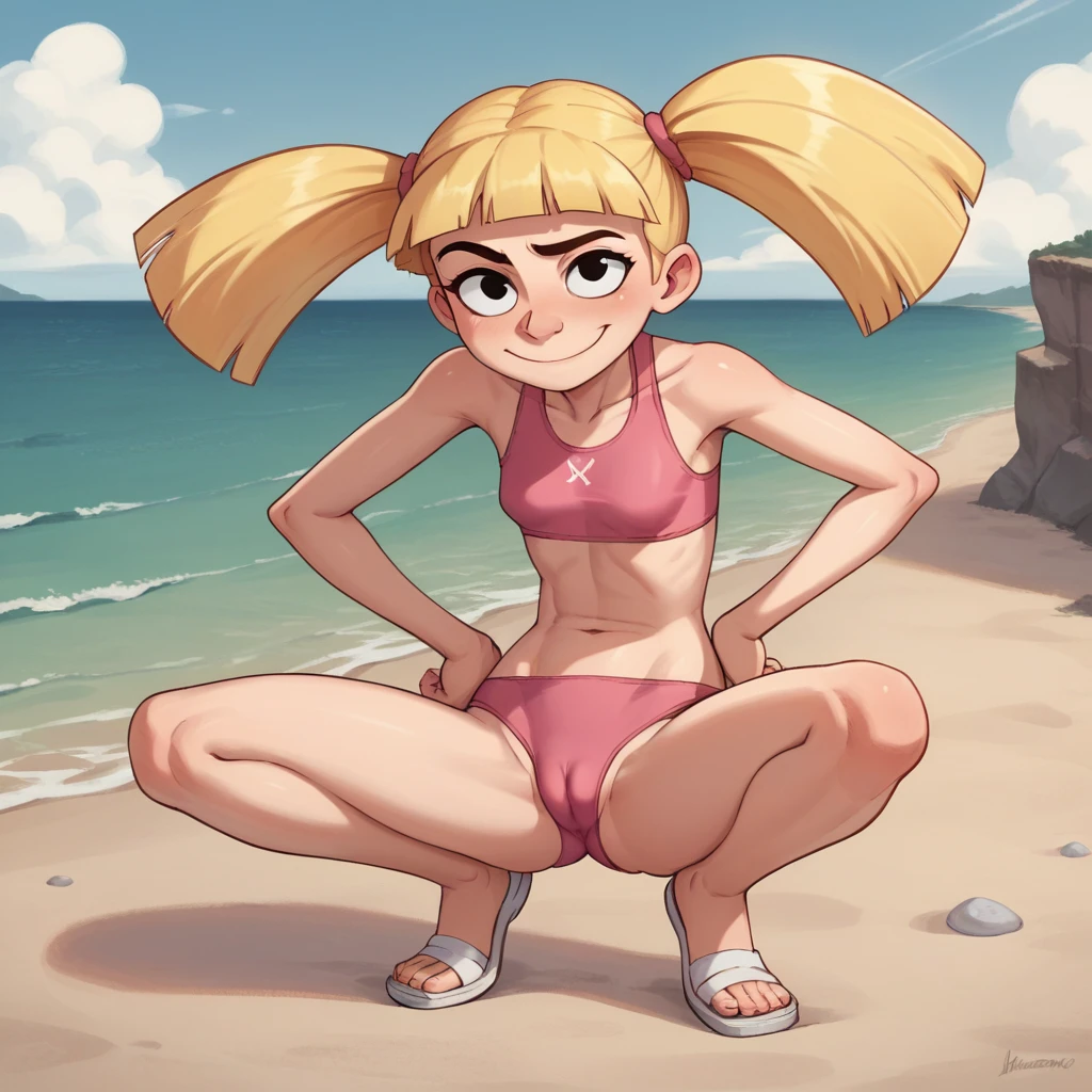 helga, solo, 1girl, blonde hair, floating hair, black eyes, twintails, monobrow, smile, looking at viewer,,outdoors,city, score_9, score_8_up, score_7_up, score_6_up , skinny body, source_cartoon, on beach, sand, ocean, pink swimsuit, hand on hips,full body, bare shoulders, squatting, cameltoe, shy