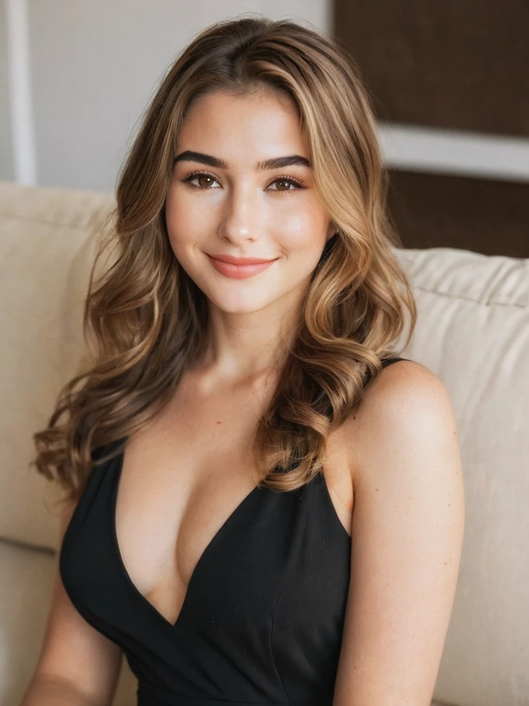 Best quality,high resolution,8k masterpiece, atmosphere, golden hour light:1.3, bright light hard light:1.2, fuji color:1.5, film grain, full body camera shot:1.5,
Atractive woman, 22 year old, delicate occidental features, smile,aureal proportion:1.5, slight wavy brown hair with little few blonde lights:1.4, thick sexy eyebrows:1.4, long eyelashes:1.3,deep eye look:1.3, (real skin texture:1.3), medium thick lips :1.3, brown golden eyes :1.5, living room:1.5, indoor, black dress:1.4, sit on the couch, candle, high contrast .
