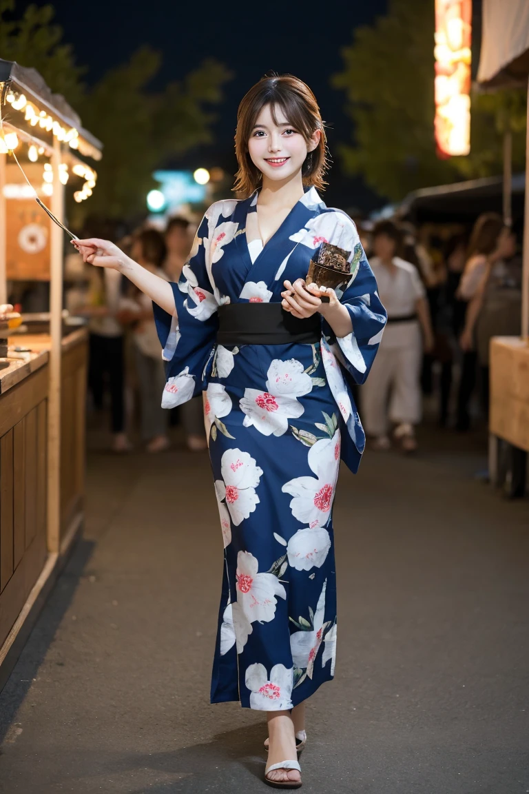 Summer festival, food stalls, night, fireworks, Highest quality, shape, Very detailed, In detail, High resolution, 8k wallpaper, Perfect dynamic composition, Beautiful details, Natural Lip, Cute yukata, Big Breasts, Cleavage, She is smiling while walking.., A masterpiece of the whole body, Full Body Shot