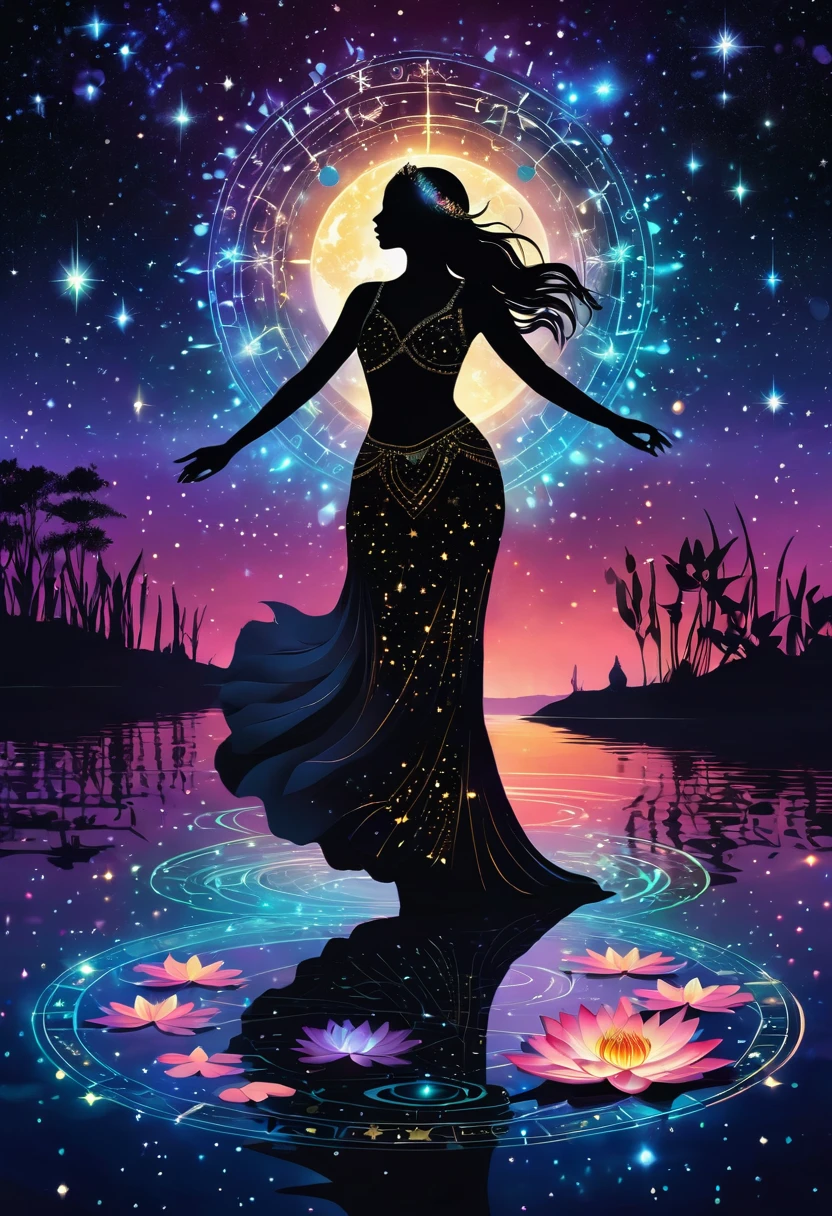 Astrologer,In the middle of the lake, Mysterious female black silhouette in the middle of the night, Surrounded by glowing constellations, Summoners dance to appease the spirits of the dead. Ceremonial canvas clothing. Sensual. Multiple magic arrays. Dynamic dance. Water Lily. Colorful palette.
