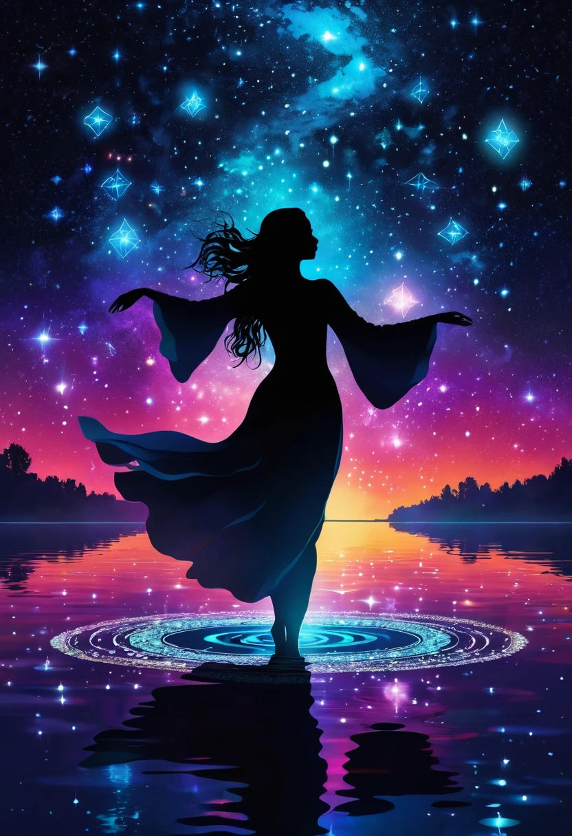 Astrologer,In the middle of the lake, Mysterious female black silhouette in the middle of the night, Surrounded by glowing constellations, Summoners dance to appease the spirits of the dead. Ceremonial canvas clothing. Sensual. Multiple magic arrays. Dynamic dance. Water Lily. Colorful palette.