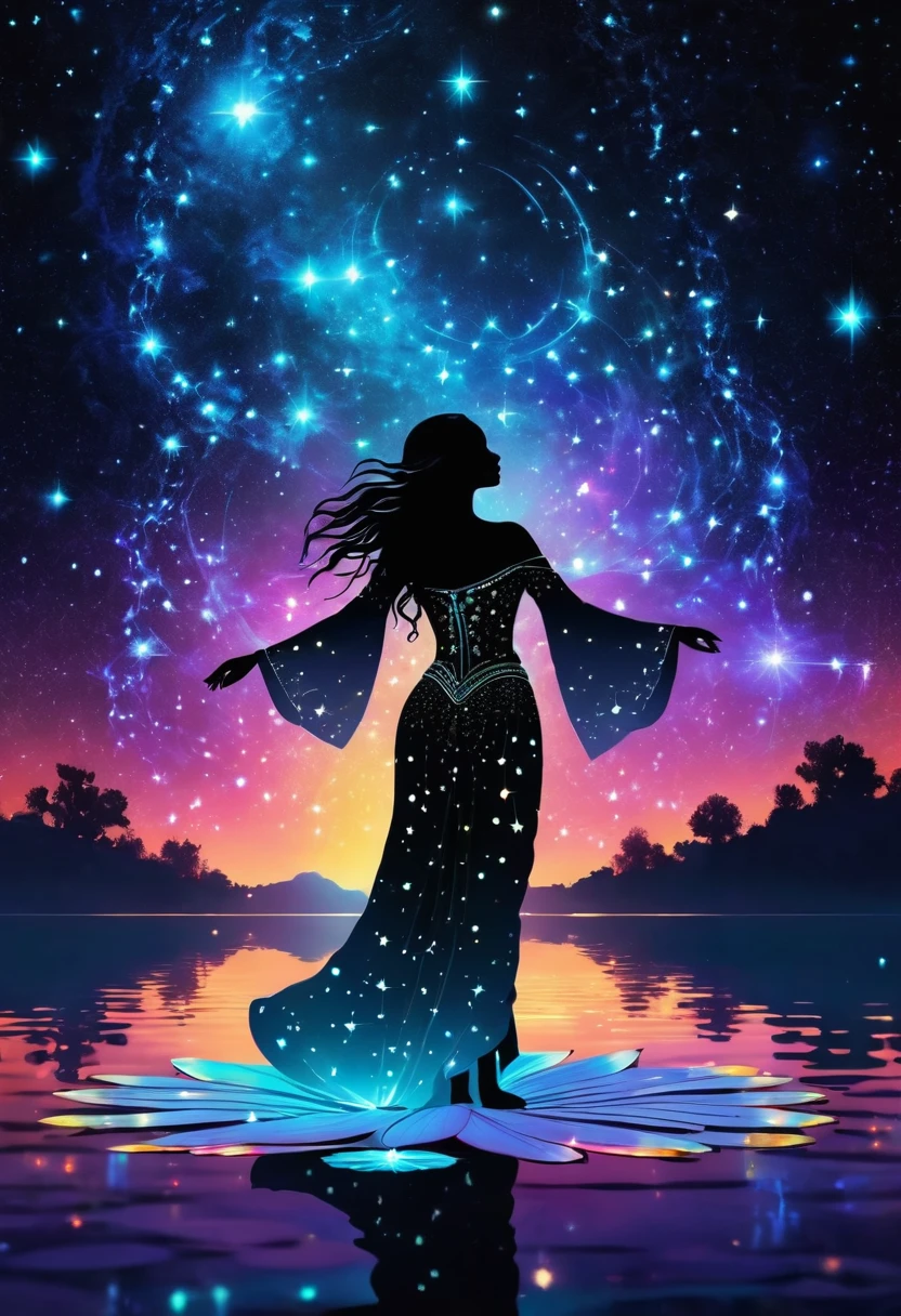 Astrologer，In the middle of the lake, Mysterious female black silhouette in the middle of the night, Surrounded by glowing constellations, Summoners dance to appease the spirits of the dead. Ceremonial canvas clothing. Sensual. Multiple magic arrays. Dynamic dance. Water Lily. Colorful palette.