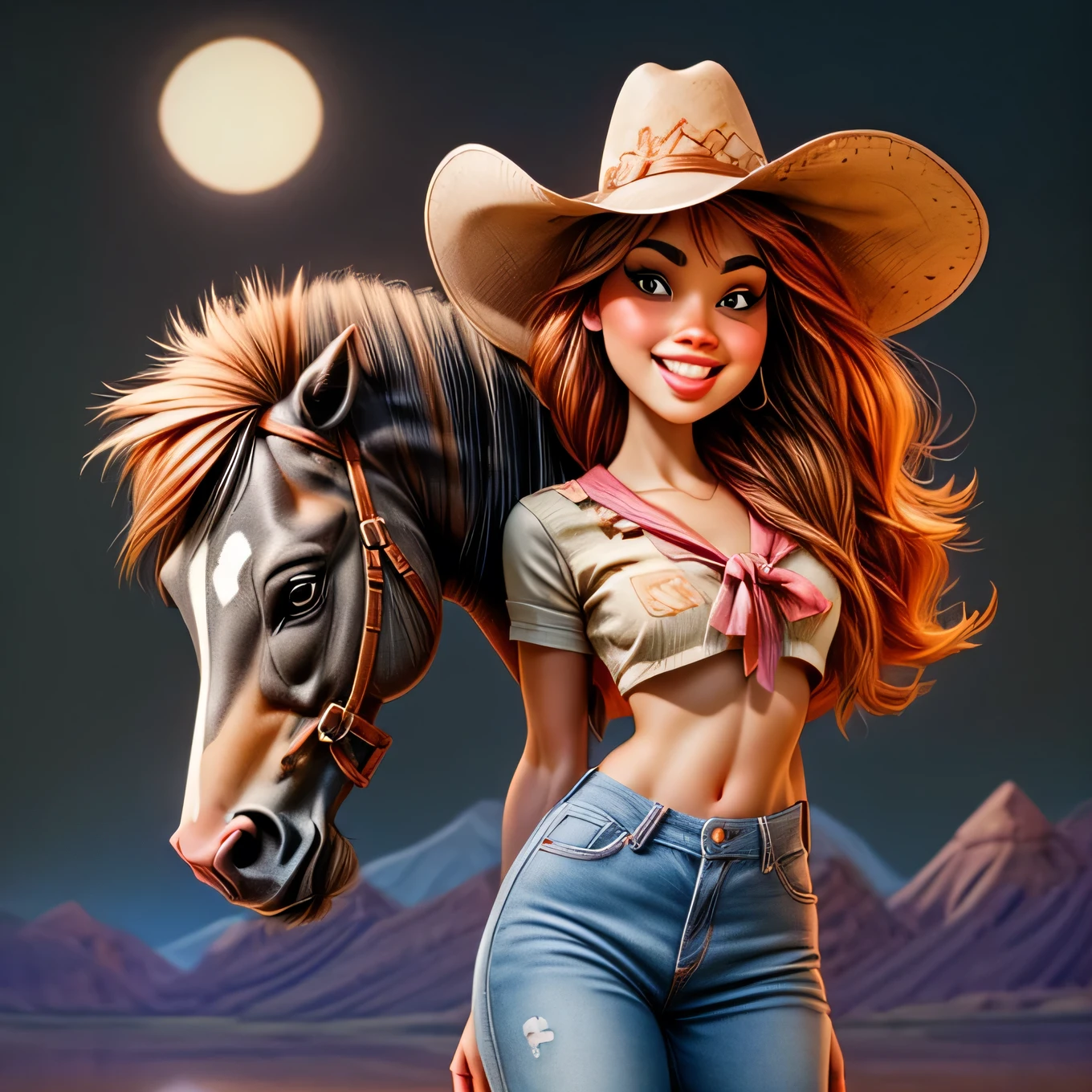 25yo girl gorgeous, courageous girl smiles sweetly seductively,
bathing naked in a dessert lake, her clothes lay on the ground consisting of a North American cowboy costume, a cowboy hat, a neckerchief, jeans, cowboy boots,
(a saddle on a strong powerful black horse:1,5),
look at the viewer,
(against the backdrop of the foothills of the beautiful high rocky mountains of north america, 
general plan wide shot:1,5),
cartoon illustration, vivid colours, Ultra detailed, high resolution, UHD, 8k, ((best quality, masterpiece:1.2), ultra-detailed, realistic, HDR, top view, cowboy shot, dramatic strong lighting,