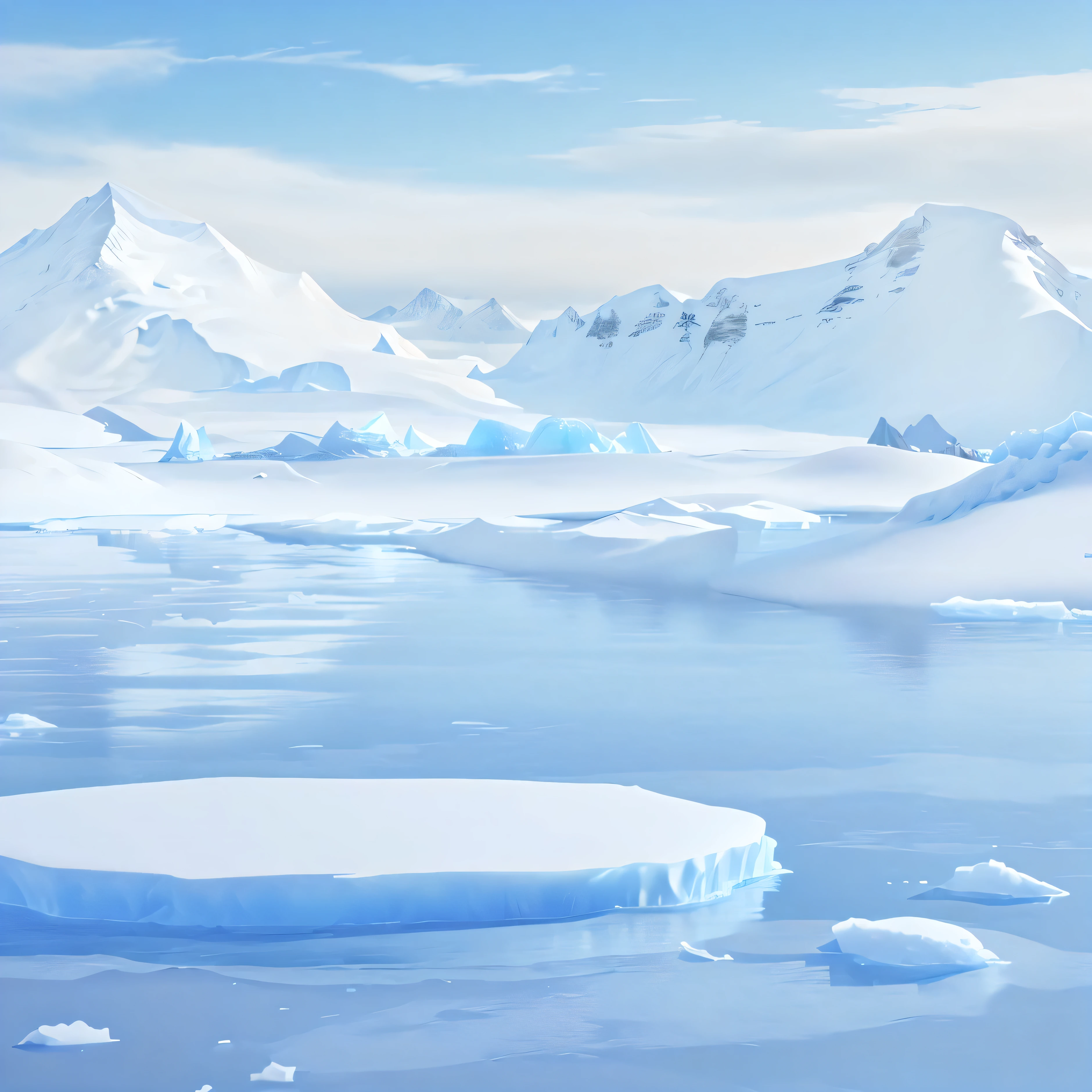A large iceberg in the middle of a body of water, Frozen tundra background, Icebergs in the background, Cold mountains, Cold landscape, Cold mountains in the background, Arctic snowy environment, There are snow mountains and ice, Snow background, Cold, Snow mountain background, Icebergs in the distance, snowy environment, Surreal frozen landscape