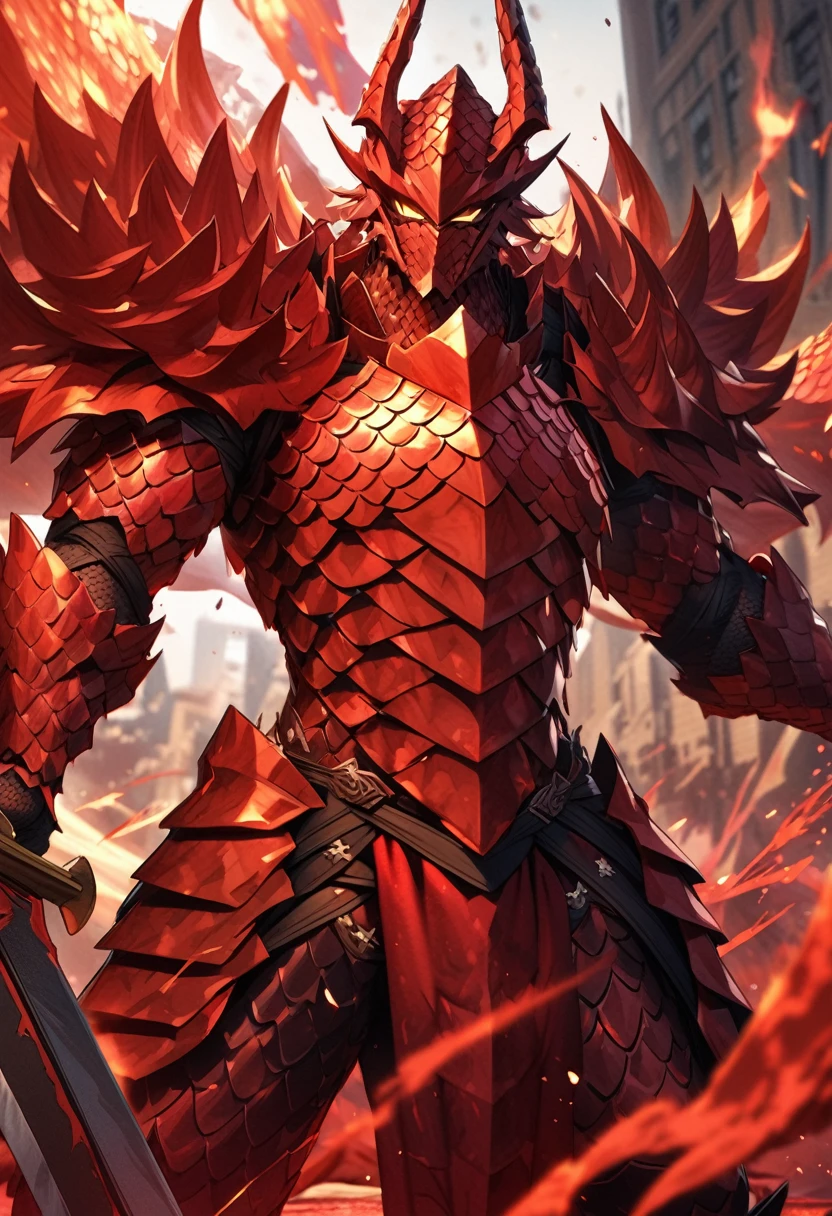 an extremely detailed 4k of a warrior clad in dragon scale armor made of red lava with lava spewing out behind the warrior, wielding a primal lava 2 handed greatsword