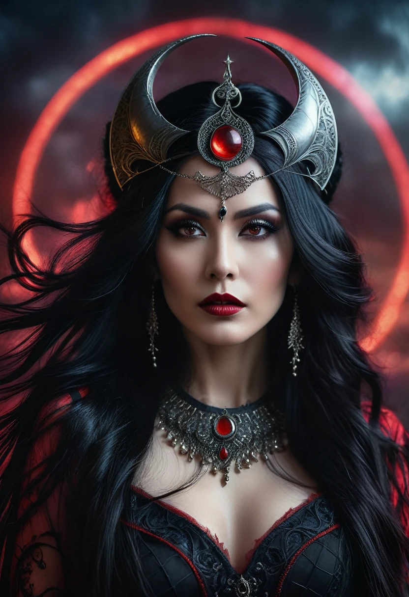 A stunning dark fantasy portrait of a woman with long, flowing black hair adorned with a crescent moon headpiece, piercing red eyes, and a dark, intricate outfit with glowing accents, set against a moody, atmospheric background with glowing elements. The image has a cinematic, dramatic feel, with a focus on the woman's intense and captivating expression.