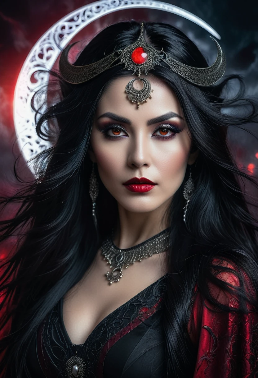 A stunning dark fantasy portrait of a woman with long, flowing black hair adorned with a crescent moon headpiece, piercing red eyes, and a dark, intricate outfit with glowing accents, set against a moody, atmospheric background with glowing elements. The image has a cinematic, dramatic feel, with a focus on the woman's intense and captivating expression.