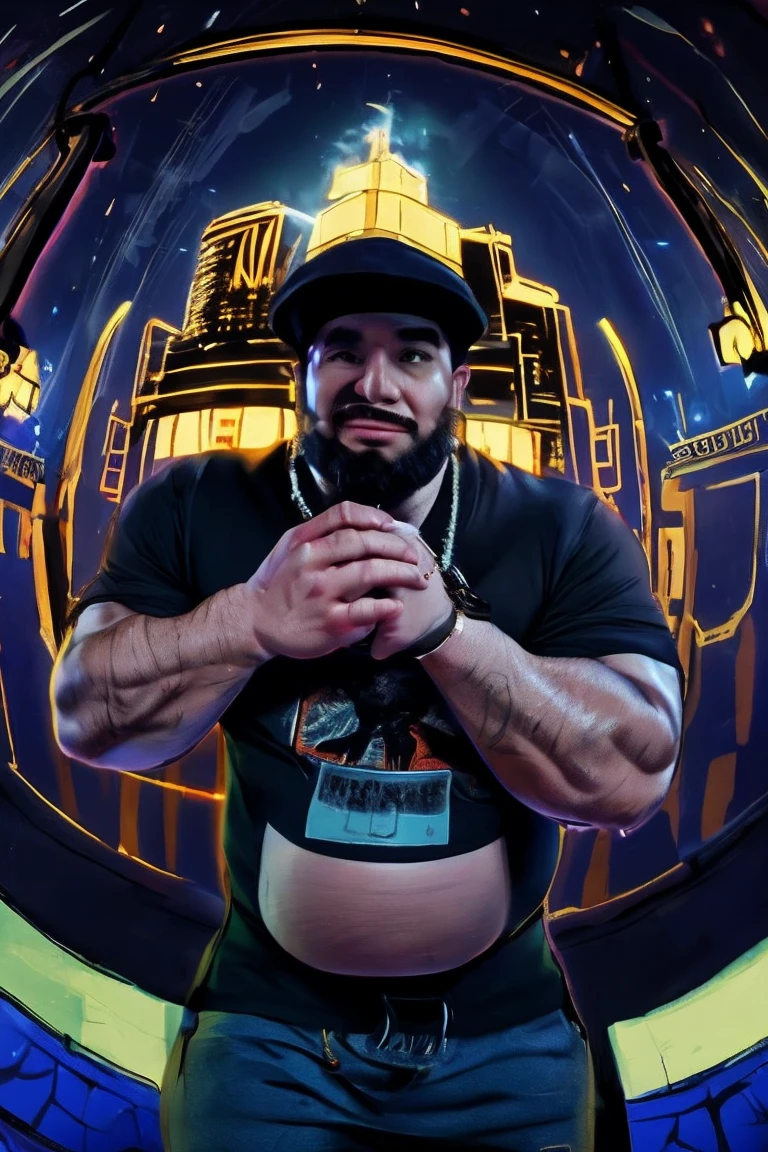 A beefy bearded Asian badboys man with a more bigger body size, big pregnancy belly, pumped chest, tribal art style tattoos, authoritative and protective expression, hugging from behind, worshiping and squeezing his chest, wearing a rapper outfit with pirate details, night neon seaport lights, low angle camera, add bandage around his body, holding a mic and singing, flexing muscles, fisheye camera