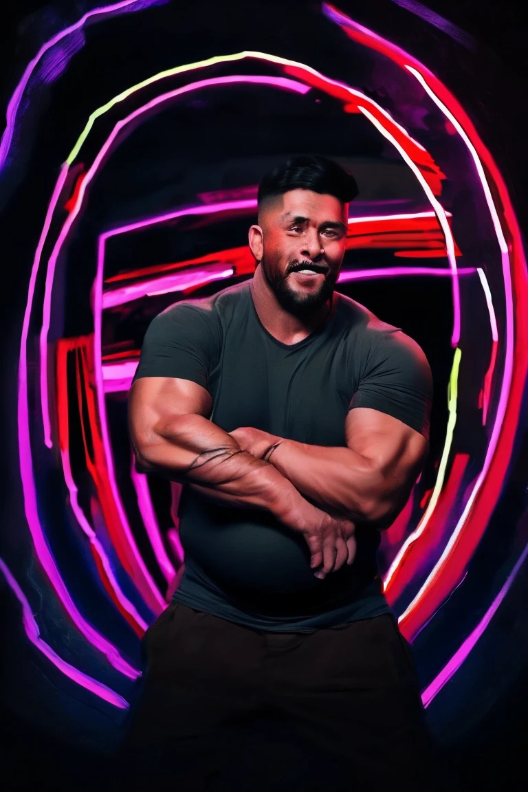 A beefy bearded Asian badboys man with a more bigger body size, big pregnancy belly, pumped chest, tribal art style tattoos, authoritative and protective expression, hugging from behind, worshiping and squeezing his chest, wearing a rapper outfit with pirate details, night neon seaport lights, low angle camera, add bandage around his body, holding a mic and singing, flexing muscles, fisheye camera