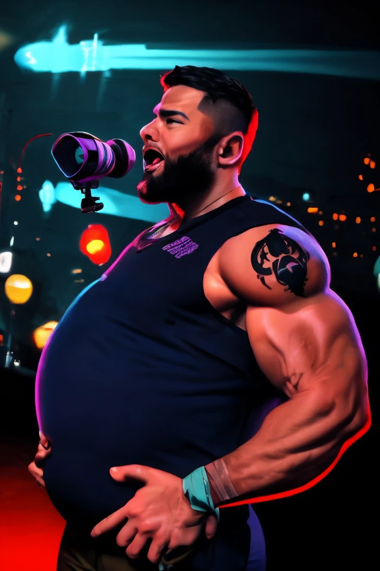 A beefy bearded Asian badboys man with a more bigger body size, big pregnancy belly, pumped chest, tribal art style tattoos, authoritative and protective expression, hugging from behind, worshiping and squeezing his chest, wearing a rapper outfit with pirate details, night neon seaport lights, low angle camera, add bandage around his body, holding a mic and singing, flexing muscles, fisheye camera