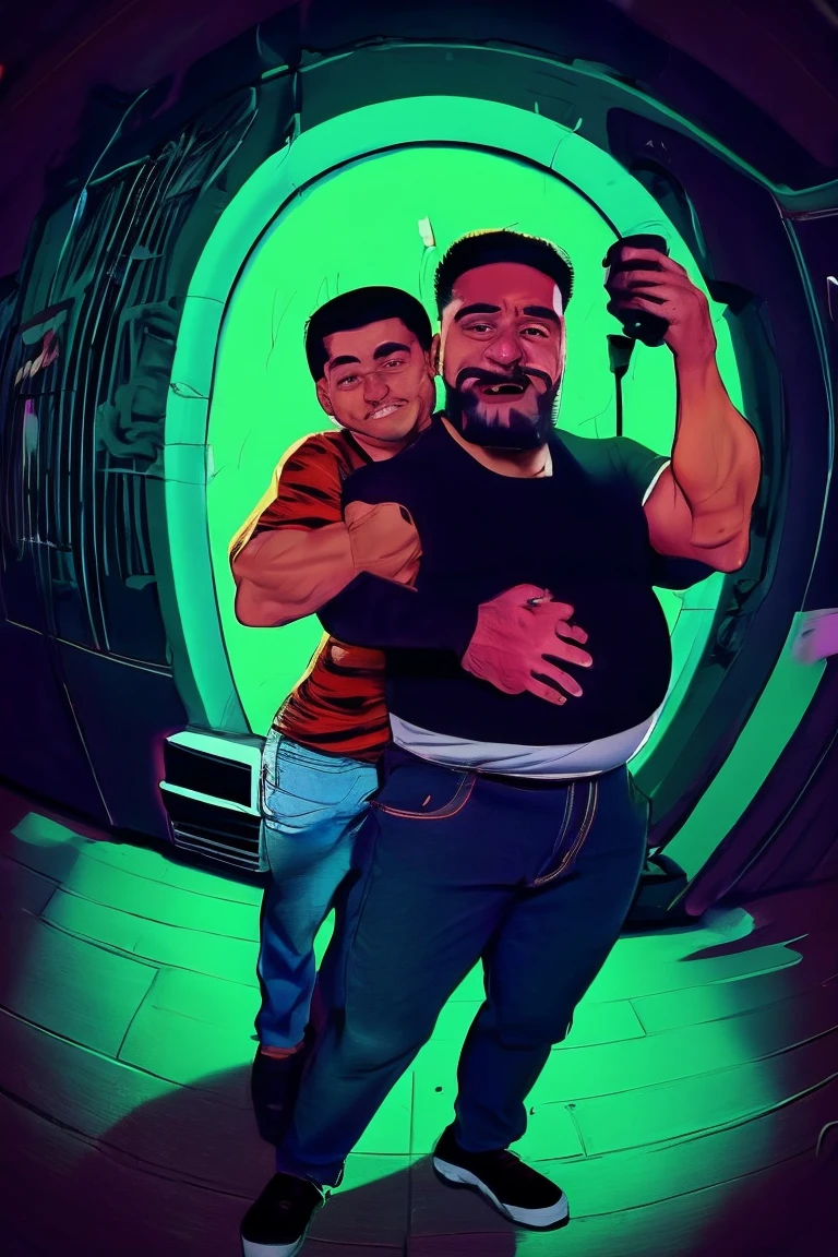 A beefy bearded Asian badboys man with a more bigger body size, big pregnancy belly, pumped chest, tribal art style tattoos, authoritative and protective expression, hugging from behind, worshiping and squeezing his chest, wearing a rapper outfit with pirate details, night neon seaport lights, low angle camera, add bandage around his body, holding a mic and singing, flexing muscles, fisheye camera