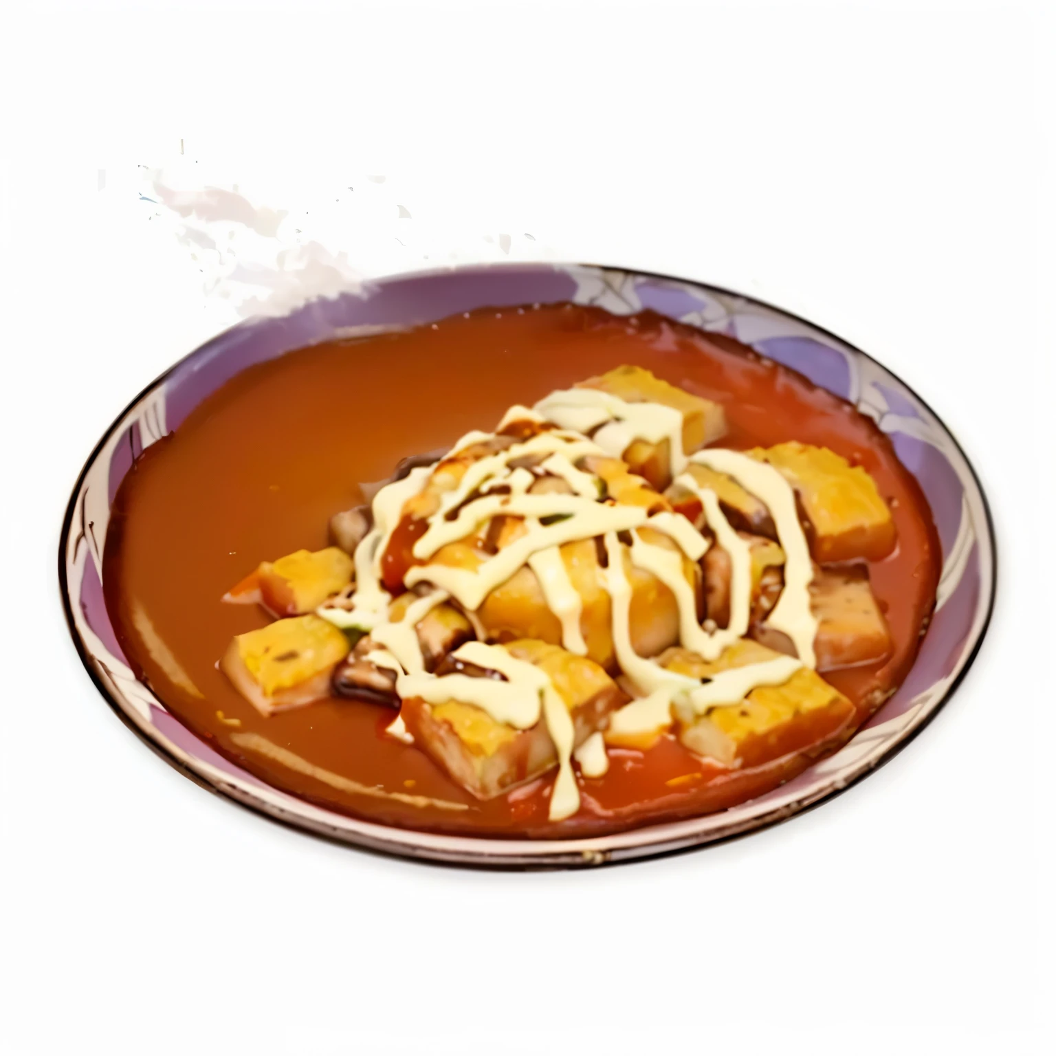 there is a plate of food with a lot of Sauce on it, ❤🔥🍄🌪, Anime Food, Sauce, caramel, chili, Inspired by Awataguchi Takamitsu, dynamic picture, [ The art of math ]!!, Kengetsu, Okame, corner, Chiraquiles, vivid!!, Hyper-realistic food pictures, brown Sauce