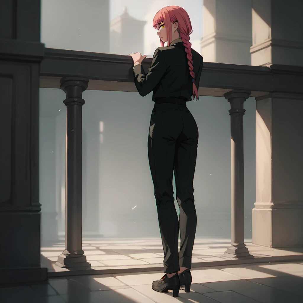 looking at viewer,parted lips,looking back,
solo,
Makima,1girl,pink hair,braid,yellow eyes,
medium breasts,
black suit,necktie,
black pants,sexy full body